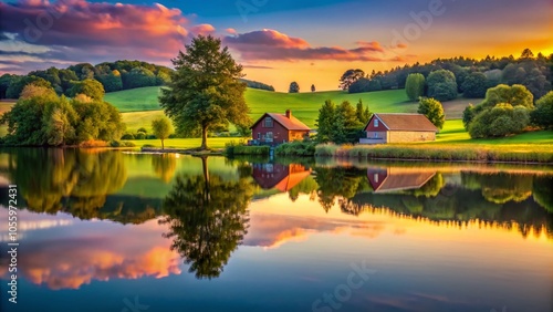 Tranquil Low Light Photography of Natural Lake Farm in Village - Serene Tree 3D Wallpaper for Nature Lovers