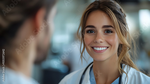 cheerful young female doctor in a white coat and stethoscope interacts warmly with a colleague. The bright, professional setting enhances the sense of teamwork and positivity.