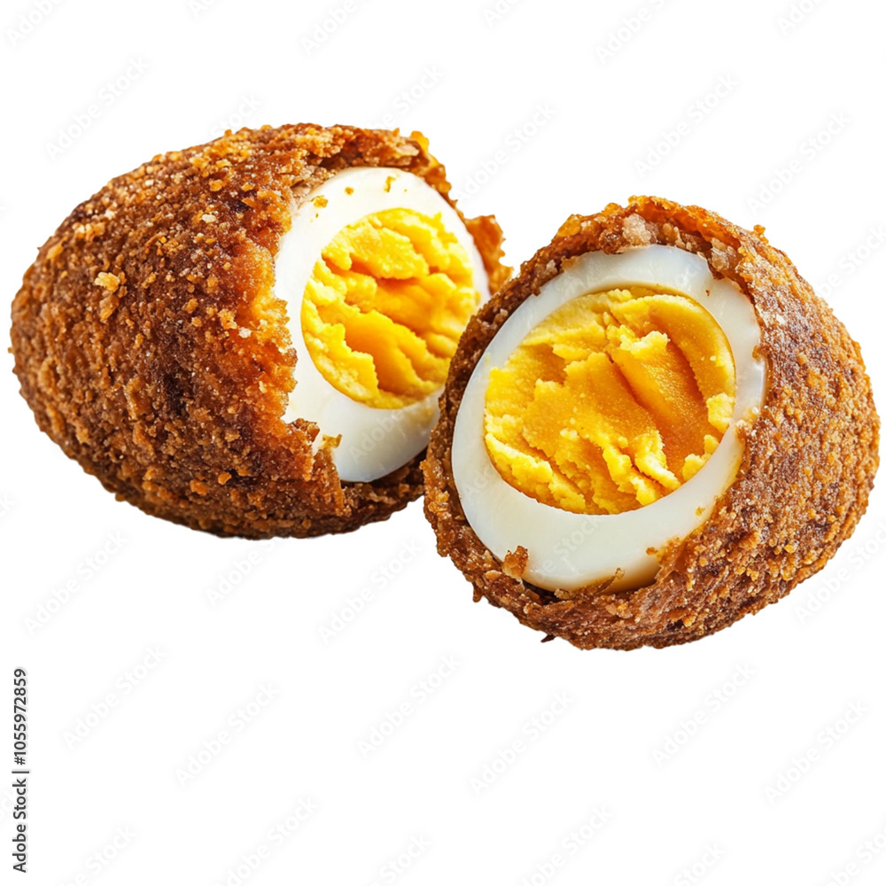 Scotch Eggs traditional with a crispy golden cru on transparent background Scotch Eggs traditional with a crispy golden cru on transparent background