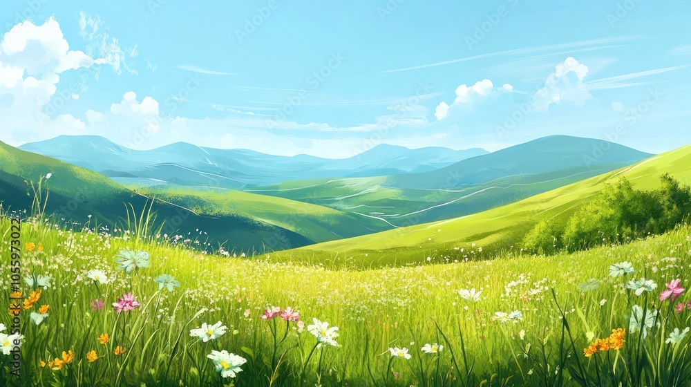 Lush green meadow with colorful wildflowers and rolling hills under a clear blue sky. Summer landscape illustration for wallpaper and print. Lush green meadow with colorful wildflowers and rolling hills under a clear blue sky. Summer landscape illustration for wallpaper and print.