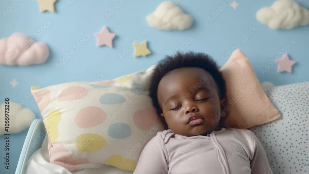 A black baby lies comfortably asleep in a nursery, surrounded by soft pillows and a calming pastel backdrop of clouds and stars A black baby lies comfortably asleep in a nursery, surrounded by soft pillows and a calming pastel backdrop of clouds and stars