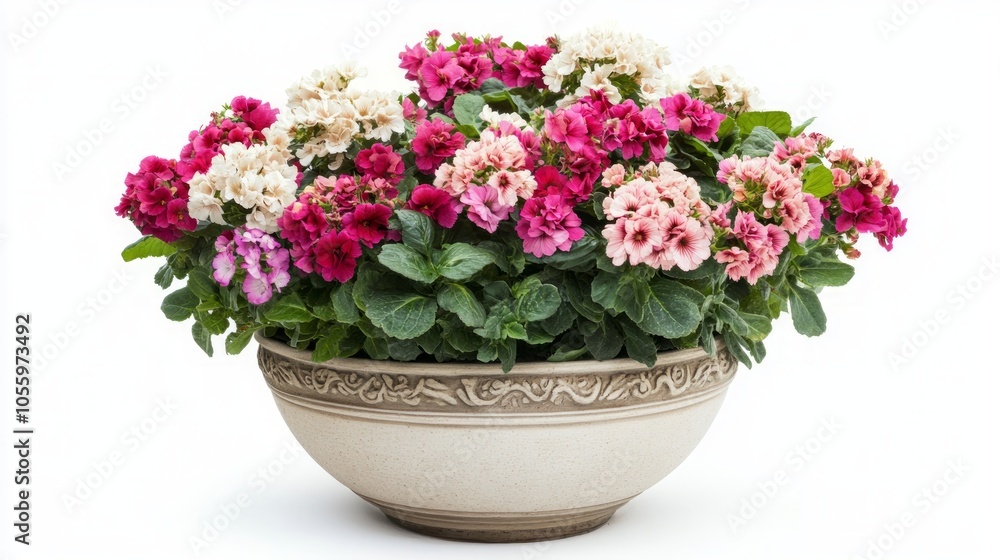 A large pot of pink and white flowers, with green leaves, against a white background. A large pot of pink and white flowers, with green leaves, against a white background.