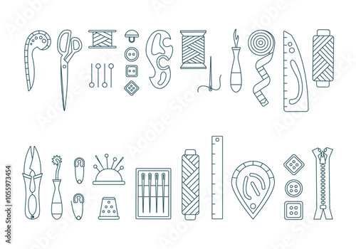 Sewing elements for sewing and needlecraft in outline. Line icons set. Tailoring tools, dressmaker equipment and needlework accessories. Threads, buttons, needle, scissors. Vector illustration