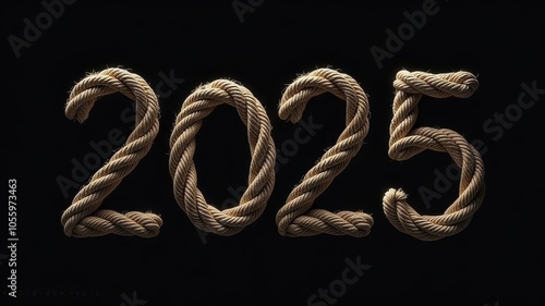 numbers 2025 made of rope on a black plain background