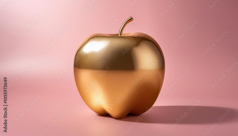 Obraz premium Exquisite Shiny Golden Apple on Soft Pink Gradient Background. Perfect for Concepts of Wealth, Luxury, and Elegance in High-End Product Marketing, Branding, and Art Driven Advertising