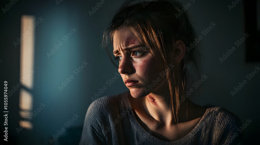 young woman with visible bruises sits in a dimly lit room, gazing away with a somber expression. The shadows and soft light highlight her introspection and emotional depth. young woman with visible bruises sits in a dimly lit room, gazing away with a somber expression. The shadows and soft light highlight her introspection and emotional depth.
