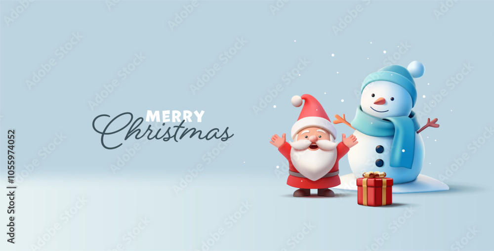 Happy snowman, Santa with raised hands, red gift, 3D. Merry Christmas, celebration banner. Holiday party. Vector illustration. Happy snowman, Santa with raised hands, red gift, 3D. Merry Christmas, celebration banner. Holiday party. Vector illustration.