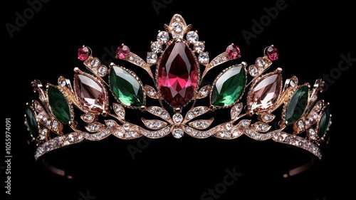 Closeup of a Miss Universe contestant s tiara, shining under the lights, with intricate designs and precious gems, Miss Universe tiara, Dazzling and detailed photo