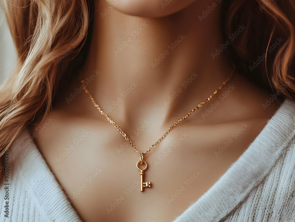 Close-up of a woman wearing a delicate gold key necklace, emphasizing style and elegance, against a soft and neutral background. Close-up of a woman wearing a delicate gold key necklace, emphasizing style and elegance, against a soft and neutral background.