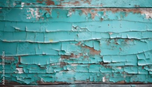 Weathered Turquoise Paint Peeling on Aged Wooden Surface. High Resolution Texture for Backgrounds, Vintage Decor, or Artistic Projects Featuring Cracked, Distressed Layers in Vibrant Teal photo