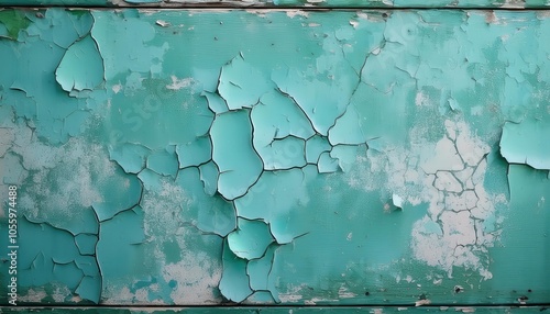 Weathered Turquoise Paint Peeling on Aged Wooden Surface. High Resolution Texture for Backgrounds, Vintage Decor, or Artistic Projects Featuring Cracked, Distressed Layers in Vibrant Teal photo