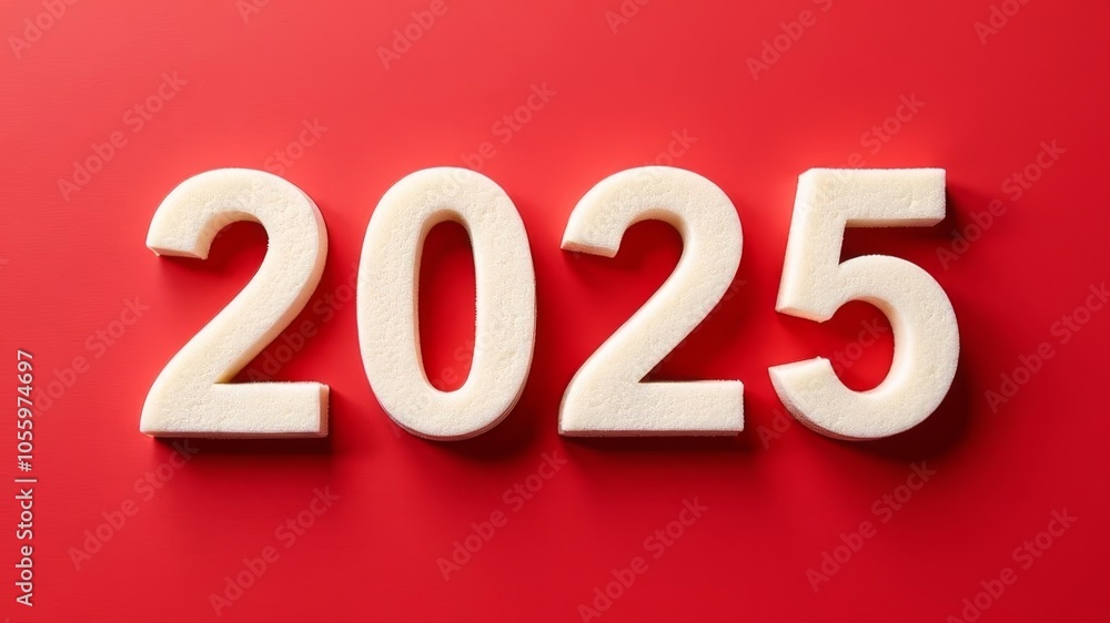 new year numbers 2025. numbers 2025 made of sugar isolated on a plain red background new year numbers 2025. numbers 2025 made of sugar isolated on a plain red background