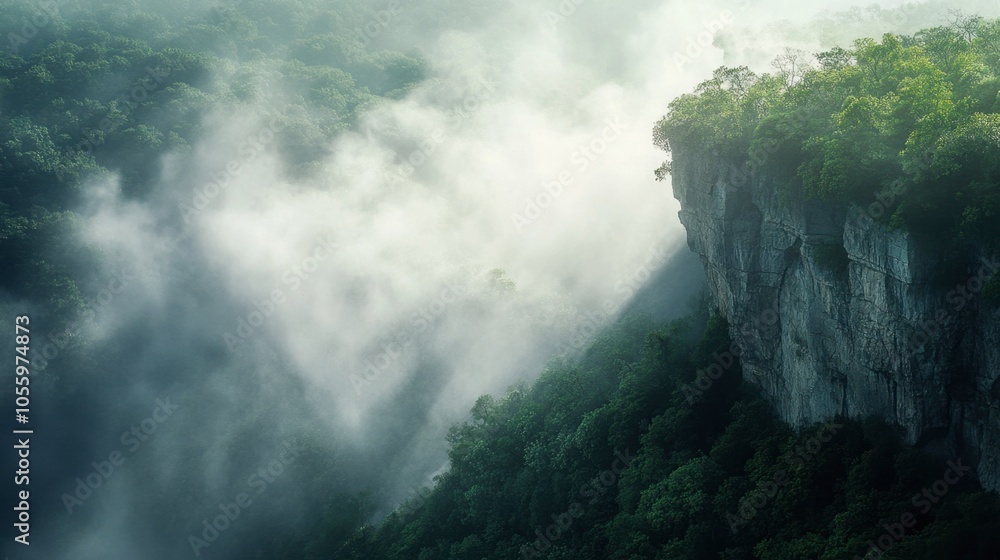 custom made wallpaper toronto digitalA misty high cliff rising above a dense forest, with sunlight filtering through the haze.