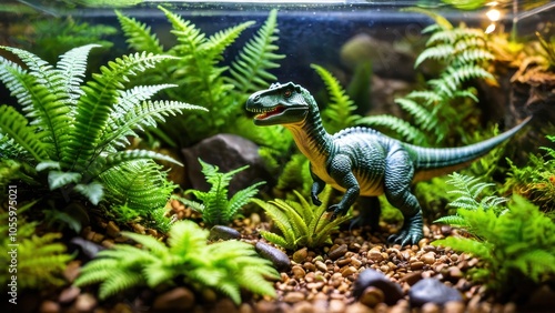 A vibrant terrarium display featuring a dinosaur model walking through a dense green landscape of ferns and succulents.