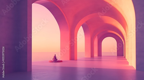 Serene Meditation Space with Pink Arches and Calm Atmosphere