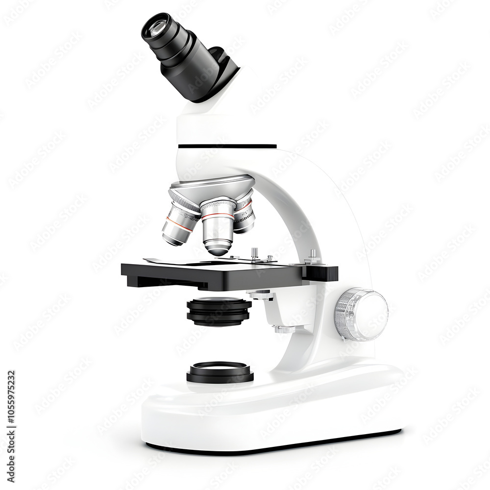 Macro Shot of a High Tech Laboratory Microscope on a White Background Macro Shot of a High Tech Laboratory Microscope on a White Background