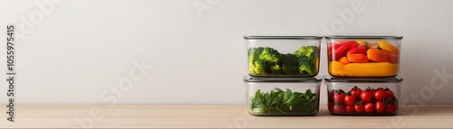 Fresh vegetables stored in glass containers on a wooden surface, with a neutral background.