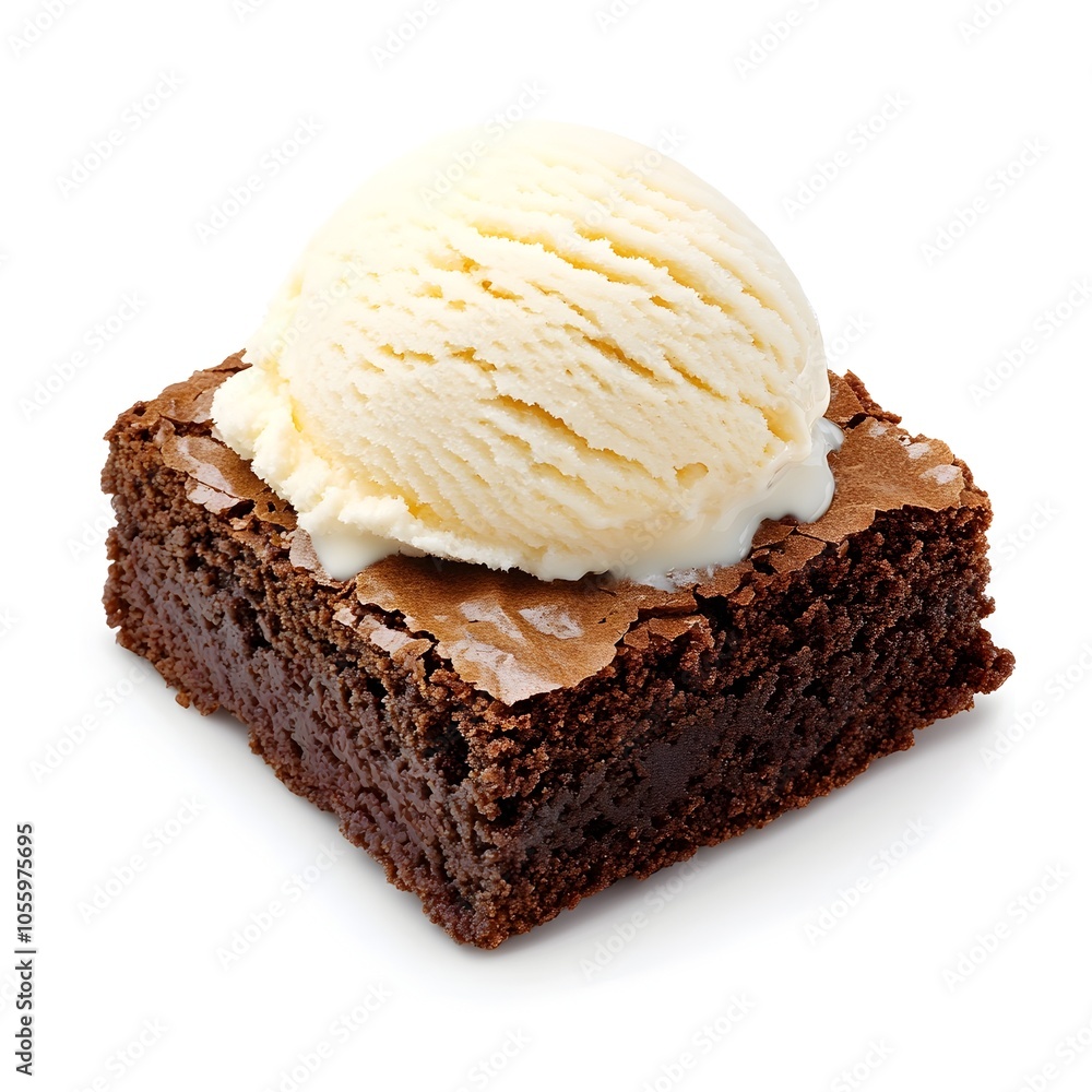 Perfectly Crafted Brownie Served with Creamy Ice Cream on White Background Perfectly Crafted Brownie Served with Creamy Ice Cream on White Background