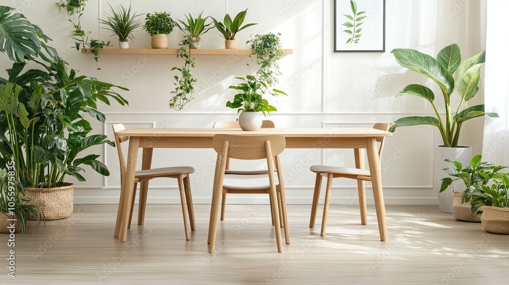 Dining area with light wood table, simple chairs, and tropical plants against white walls for a bright, airy look. Dining area with light wood table, simple chairs, and tropical plants against white walls for a bright, airy look.