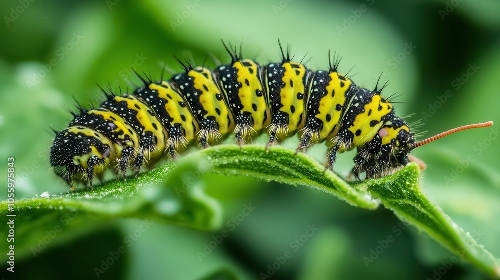 macro shot of a caterpillar voraciously munching on a green leaf, highlighting its lifecycle role, with fine details and a soft focus on its environment macro shot of a caterpillar voraciously munching on a green leaf, highlighting its lifecycle role, with fine details and a soft focus on its environment