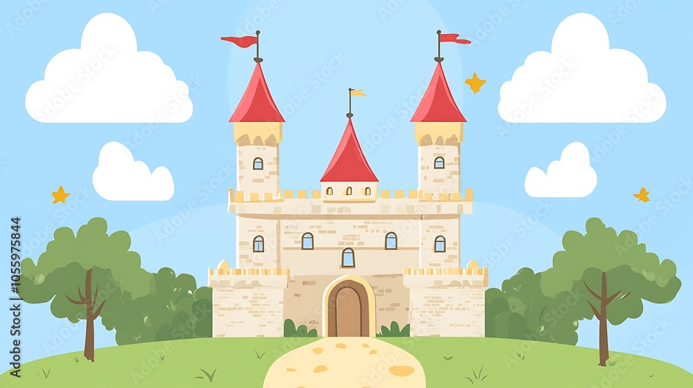 Magical Castle Illustration with Vibrant Colors and Clouds Magical Castle Illustration with Vibrant Colors and Clouds