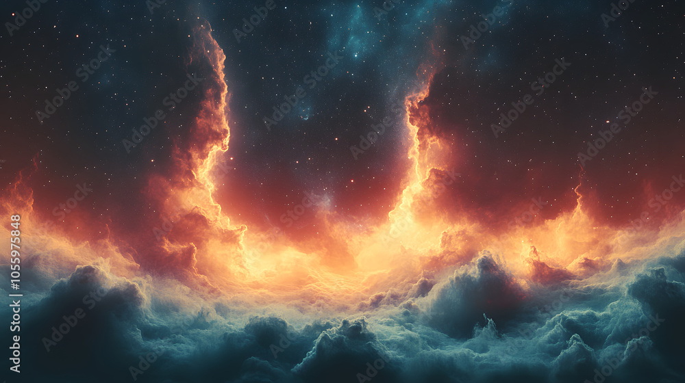 surreal scene of fiery glowing clouds reaching into a starry night sky, blending atmospheric intensity with cosmic serenity for a stunning visual. surreal scene of fiery glowing clouds reaching into a starry night sky, blending atmospheric intensity with cosmic serenity for a stunning visual.