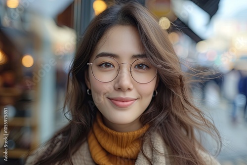 Asian woman with glasses is smiling and looking at the camera at the street