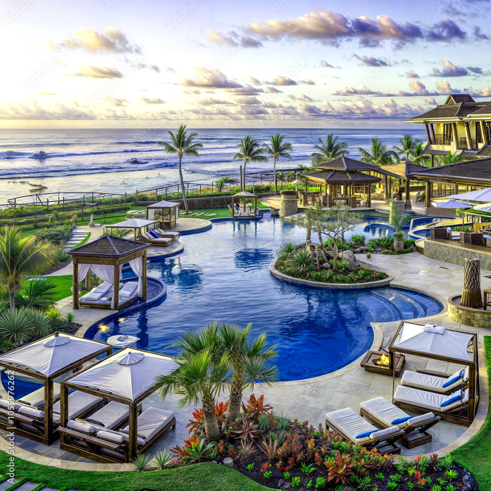 Fototapeta premium Aerial view of luxury resort with swimming pool overlooking ocean, San Jeronimo, Antioquia, Colombia.