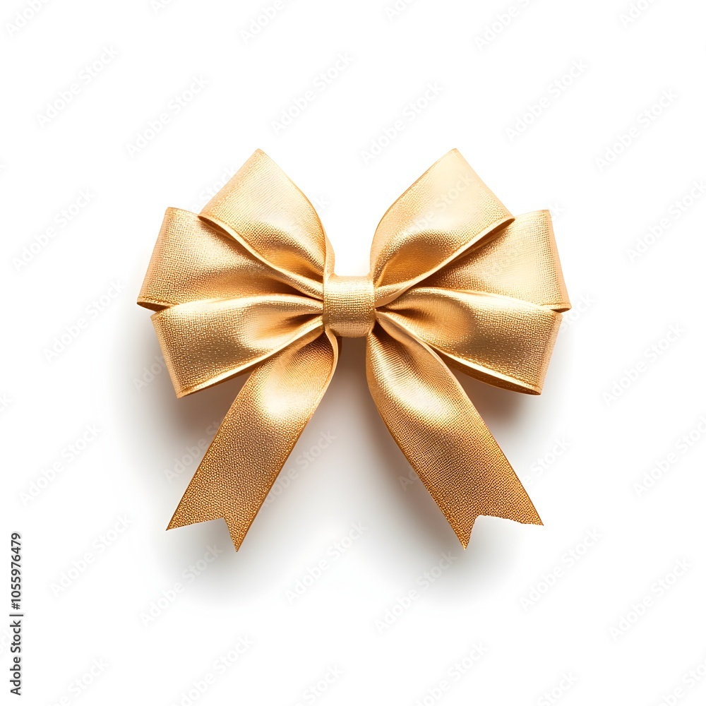 Macro Close up Shot of a Perfectly Crafted Golden Metallic Gift Bow on White Background Macro Close up Shot of a Perfectly Crafted Golden Metallic Gift Bow on White Background