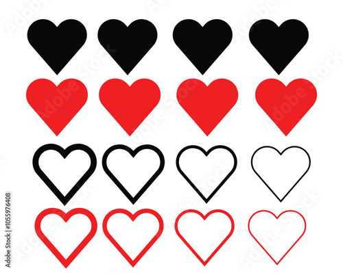 Love heart icon set. Heart shape isolated on white background. Love shape with red and black color. Vector illustration.