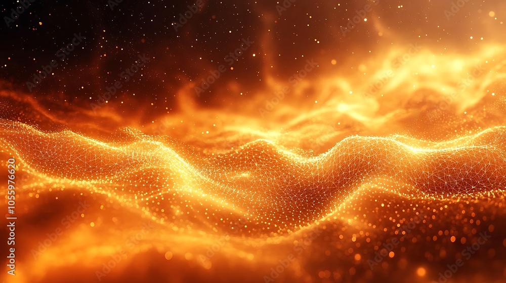 Abstract background in orange with particles and a network grid connected Abstract background in orange with particles and a network grid connected