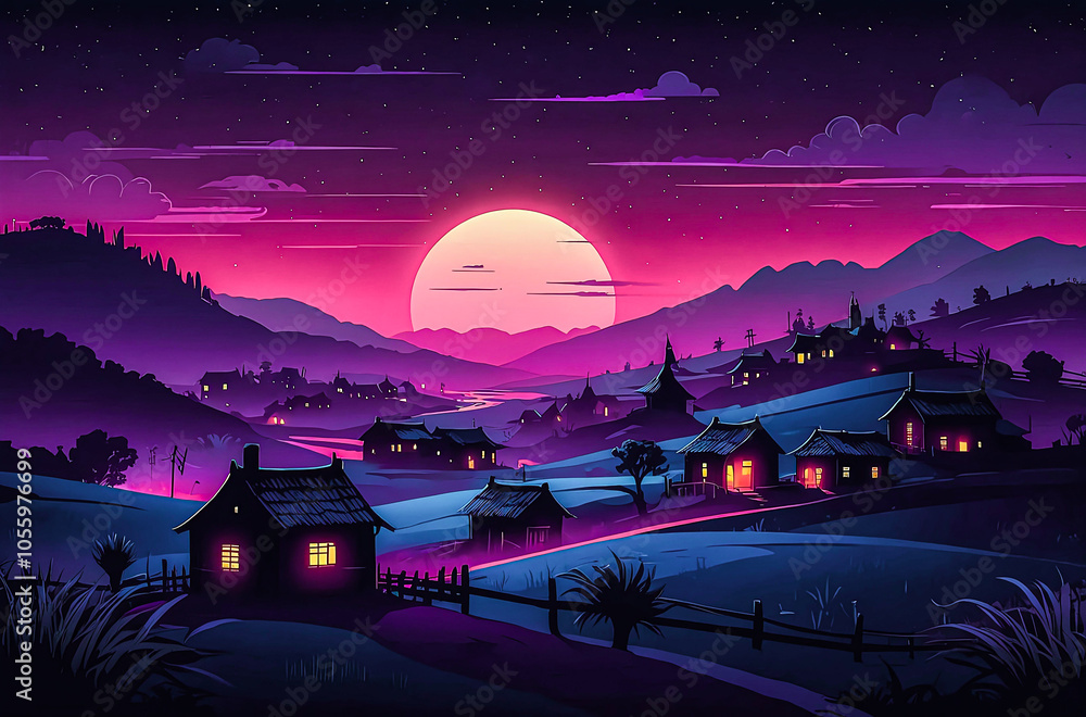 Village Silhouette with Neon Moonlight watercolor painting art illustration
Village Silhouette with Neon Moonlight watercolor painting art illustration