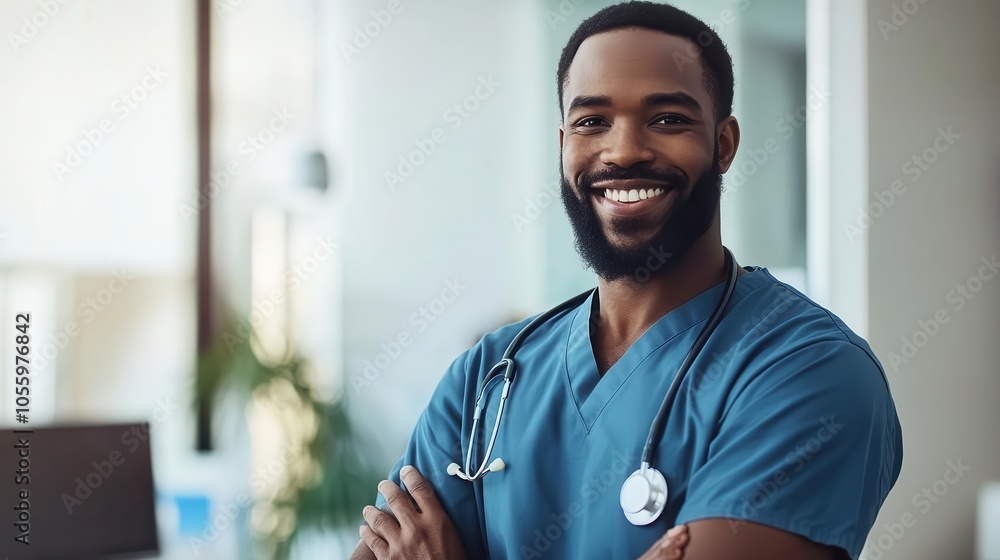 happy afro-american doctor in scrubs, radiating positivity and professionalism, standing confidently in a medical setting, emphasizing the importance of healthcare and compassion happy afro-american doctor in scrubs, radiating positivity and professionalism, standing confidently in a medical setting, emphasizing the importance of healthcare and compassion