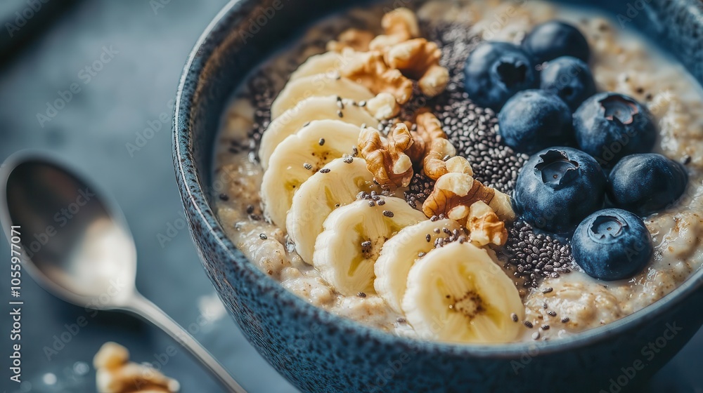 healthy bowl of oat porridge topped with banana slices, blueberries, walnuts, chia seeds, and almond milk, beautifully presented for breakfast healthy bowl of oat porridge topped with banana slices, blueberries, walnuts, chia seeds, and almond milk, beautifully presented for breakfast