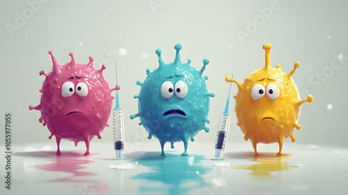 Three virus-like characters in pink, blue, and yellow display anxious expressions while facing syringes on a clean white background, evoking humor and curiosity.
