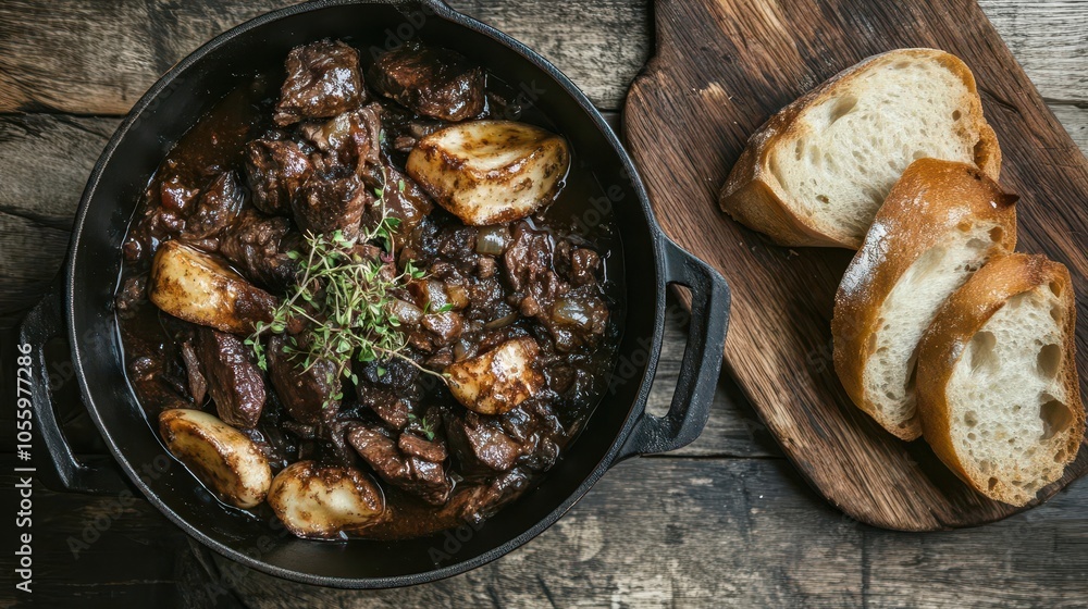 hearty beef bourguignon presented in a rustic cast iron pot, accompanied by warm, crusty bread, set on a textured wooden table, radiating comfort and culinary delight hearty beef bourguignon presented in a rustic cast iron pot, accompanied by warm, crusty bread, set on a textured wooden table, radiating comfort and culinary delight