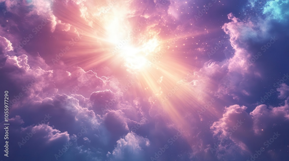 Fototapeta premium heavenly light radiating from above, creating a surreal visualization of divine presence, with ethereal colors and soft textures symbolizing peace and spirituality