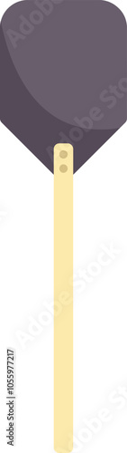 Large wooden pizza peel with metal scoop for baking bread and pastry is standing upright on white background
