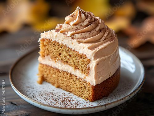 Delicious slice of cake with creamy frosting, presented on a rustic plate with autumn leaves in the background.