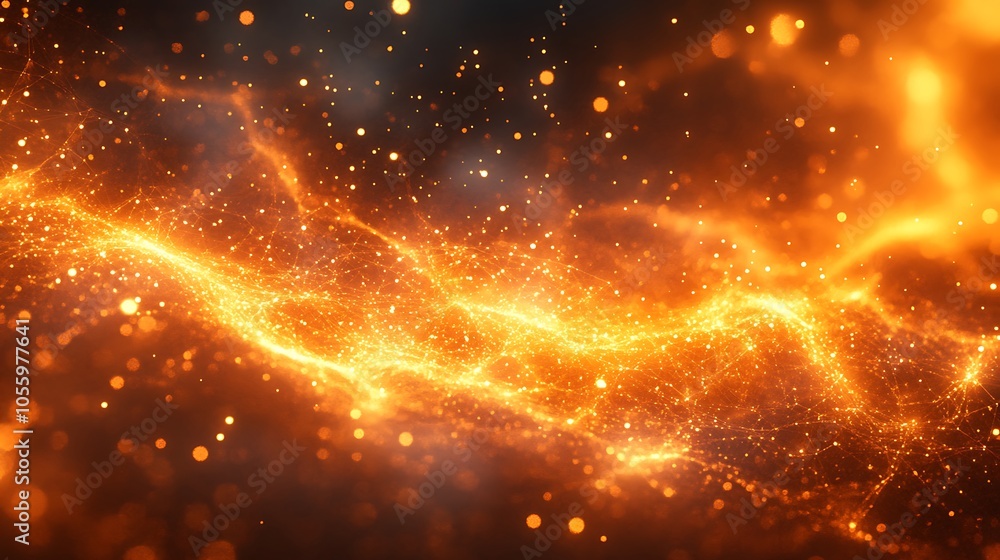 Fototapeta premium Abstract background in orange with particles and a network grid connected