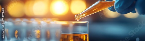 Laboratory hands conducting experiment with pipette and chemicals in glass container, glowing background. photo