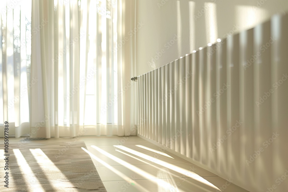 Contemporary white radiator close-up in a sunlit apartment, with soft shadows and modern design Contemporary white radiator close-up in a sunlit apartment, with soft shadows and modern design