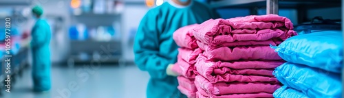 Medical personnel organizing colorful clean towels in a healthcare facility.