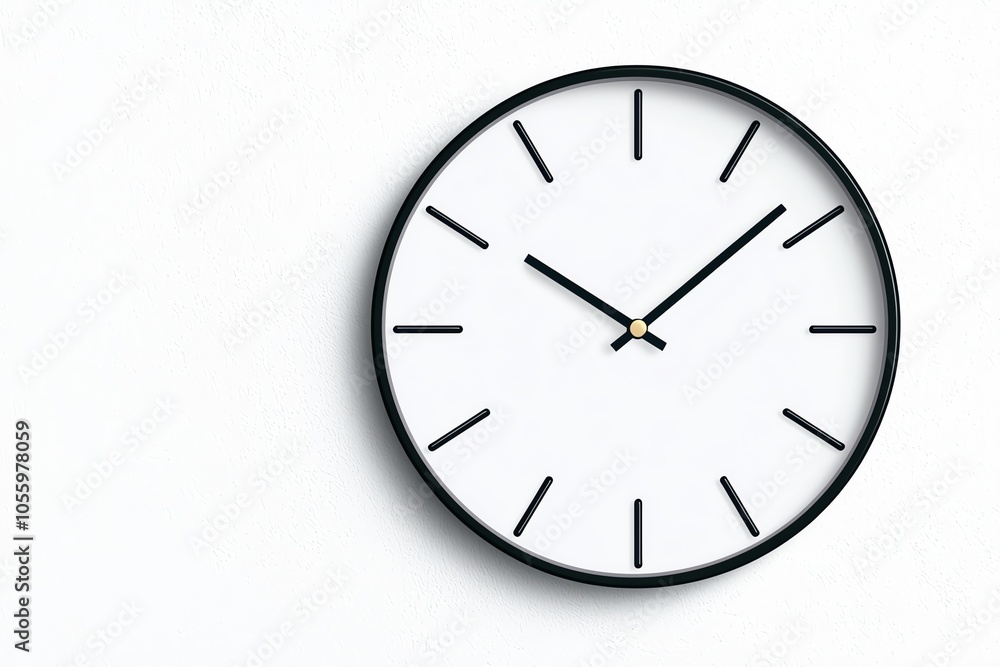 Modern wall clock design with black frame and minimalistic white background. Modern wall clock design with black frame and minimalistic white background.