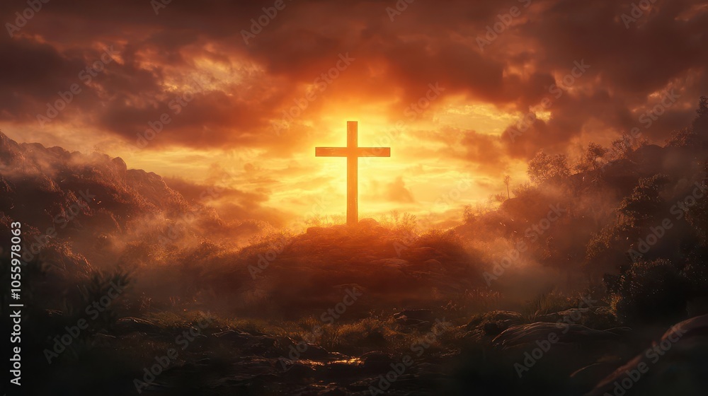 holy cross illuminated by a radiant light against a dramatic sky over golgotha hill, symbolizing the profound themes of hope and resurrection in a powerful and contemplative scene holy cross illuminated by a radiant light against a dramatic sky over golgotha hill, symbolizing the profound themes of hope and resurrection in a powerful and contemplative scene