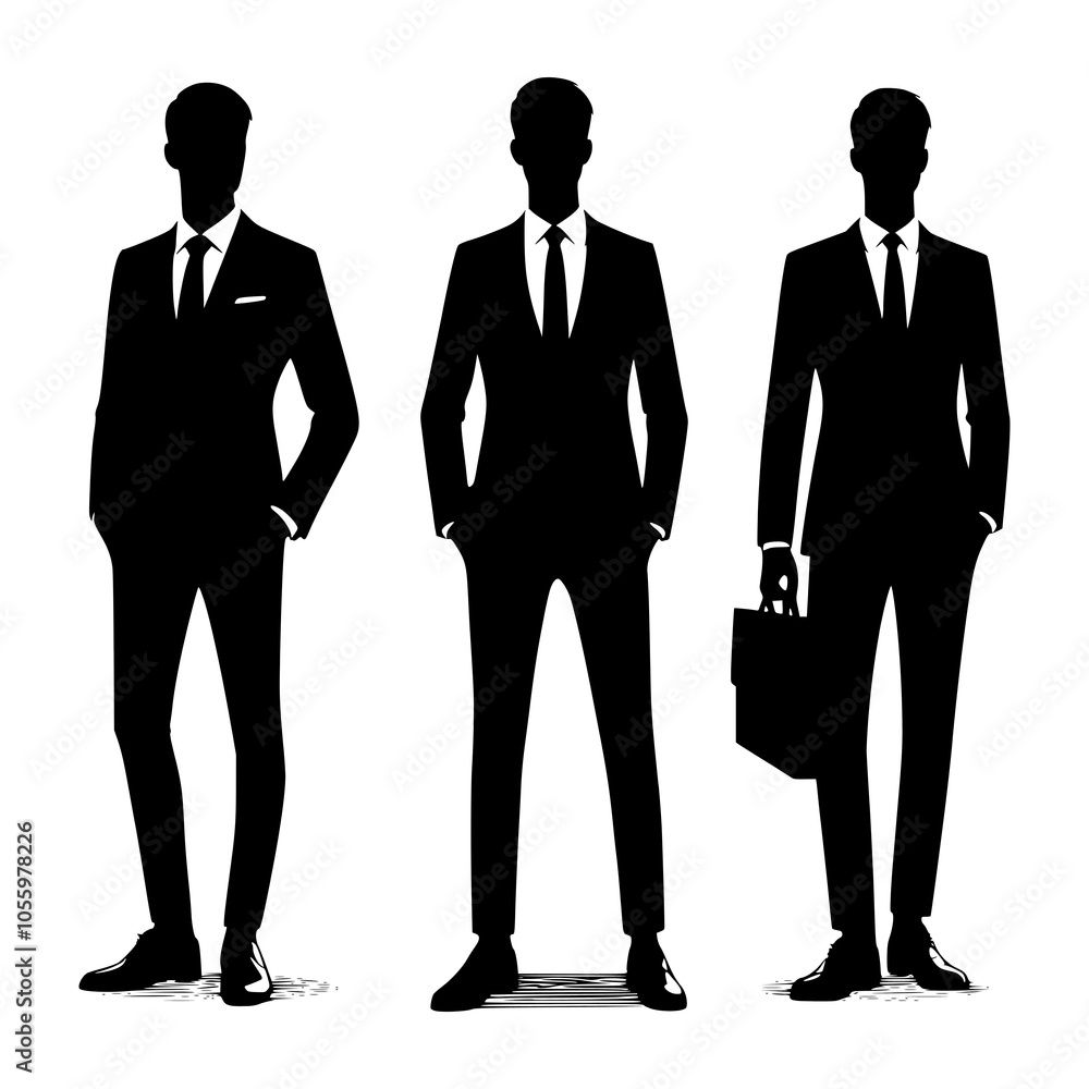 Silhouettes of Three Businessmen in Formal Attire. Model for trailer. Complete dress Silhouettes of Three Businessmen in Formal Attire. Model for trailer. Complete dress