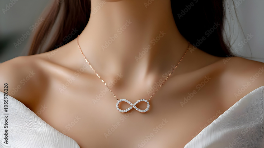 Elegant infinity necklace worn on a woman's neckline, showcasing timeless beauty and style against a soft background.