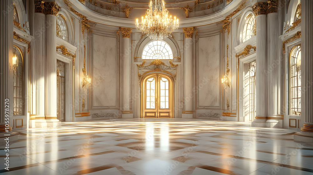 Obraz premium Elegant interior of a grand hall featuring ornate chandeliers and large windows, showcasing classic architectural design.