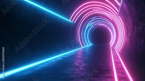 Neon illuminated tunnel with vibrant blue and pink lights reflecting on the ground. photo