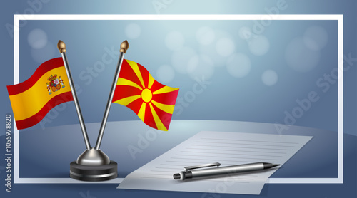 Spain and Macedonia Small national flag on bokeh background, cooperative relationship